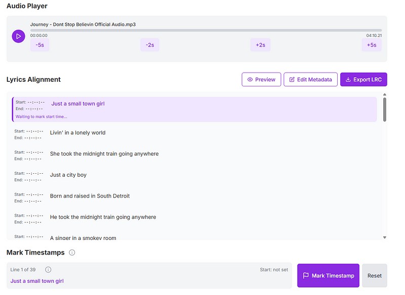 LRC Generator Timestamp Interface